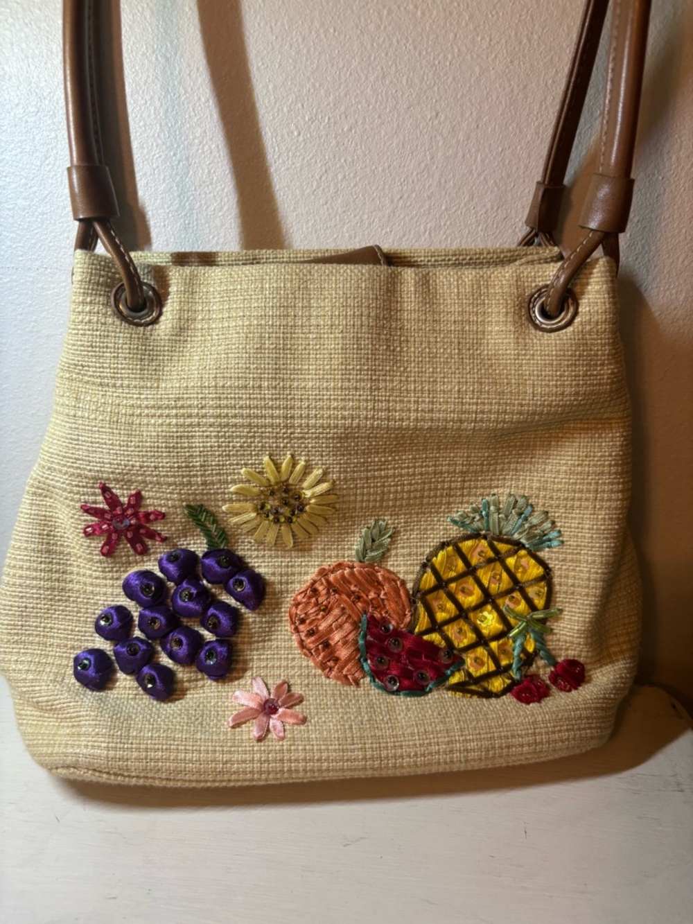Cherokee Yellow Straw Shoulder Bag with Multicolor Fruit Embroidery